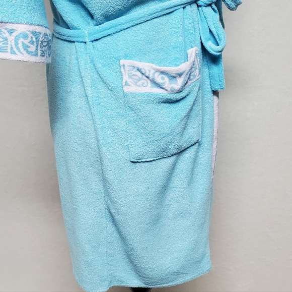 Rare Vintage 60s Dolphins Sky Blue Terrycloth Hawaiian Tie-Waist Mini Robe L - Picture 10 of 14